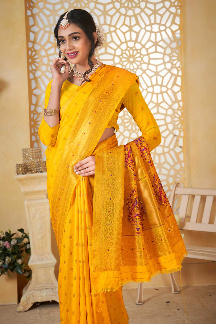 Festive Wear Paithani Silk Yellow Color Delicate Saree