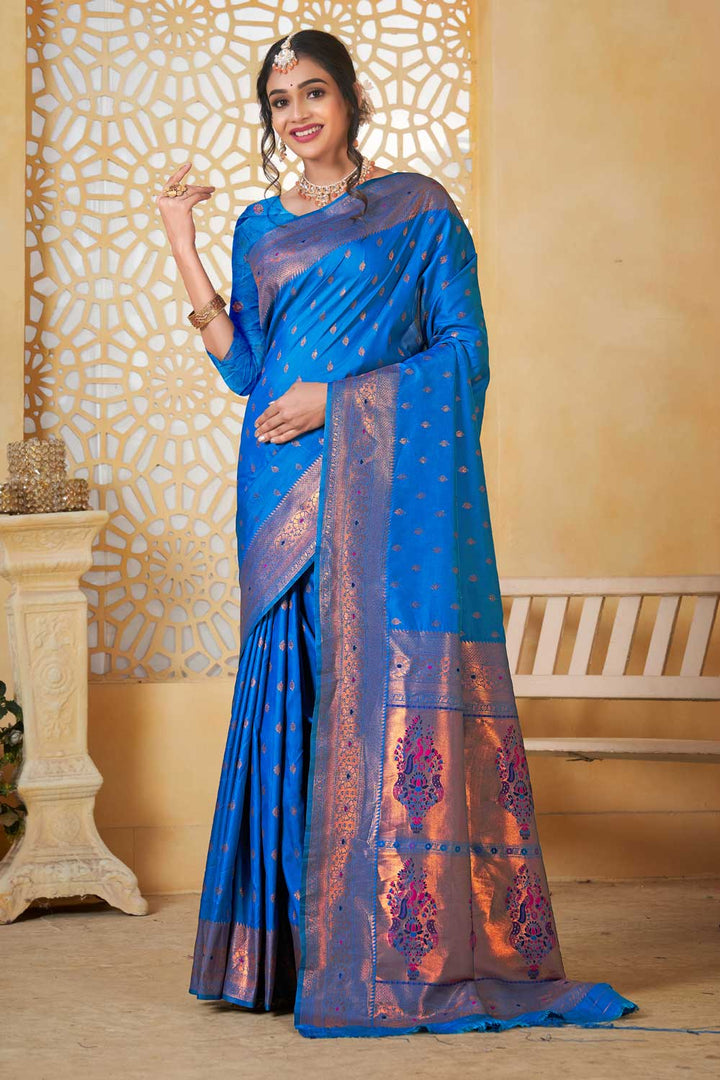Engaging Festive Style Blue Color Paithani Silk Saree