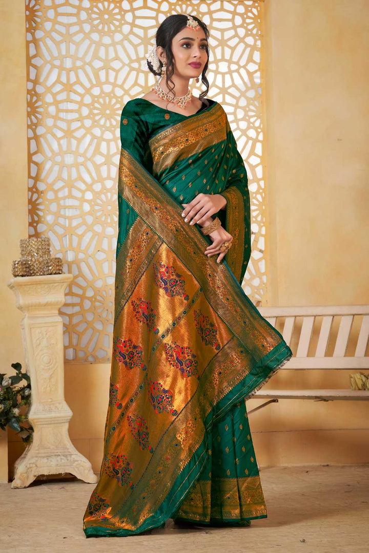 Amazing Festive Look Green Color Paithani Silk Saree