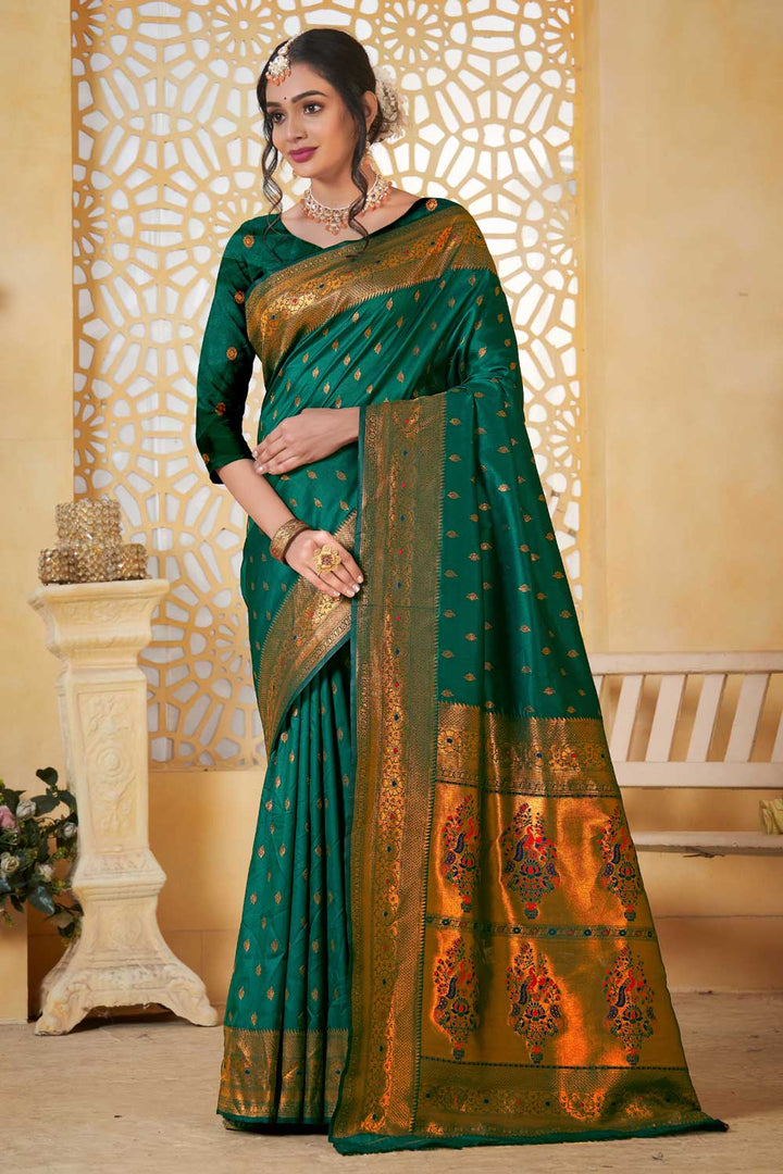 Amazing Festive Look Green Color Paithani Silk Saree