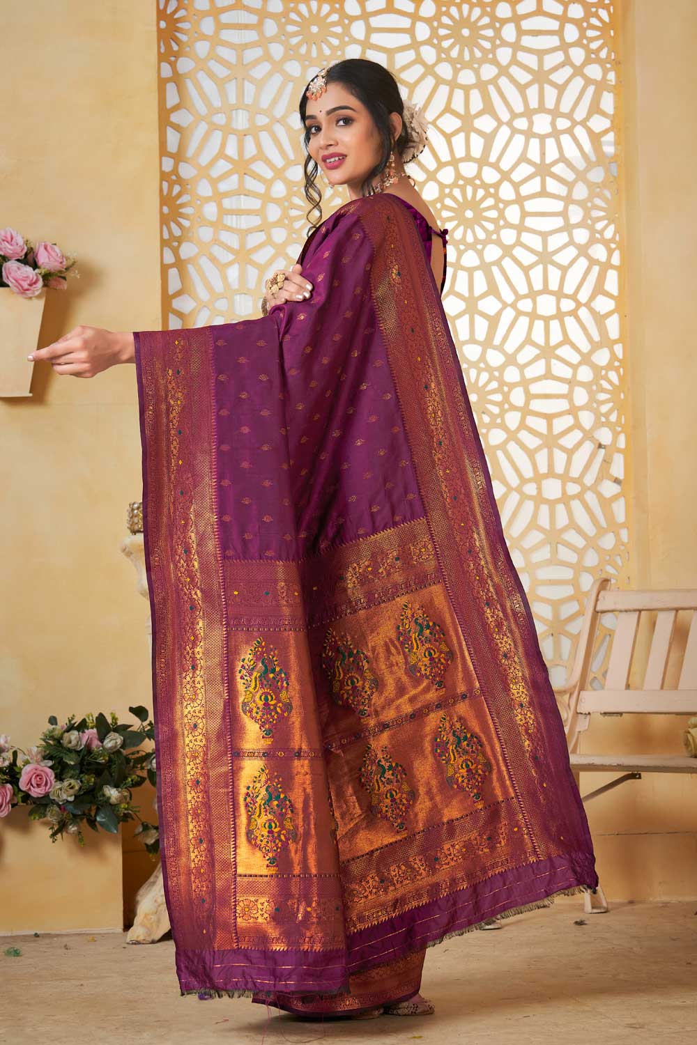 Trendy Paithani Silk Wine Color Festive Wear Saree