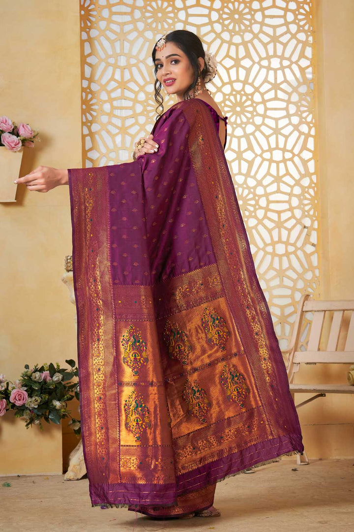 Trendy Paithani Silk Wine Color Festive Wear Saree