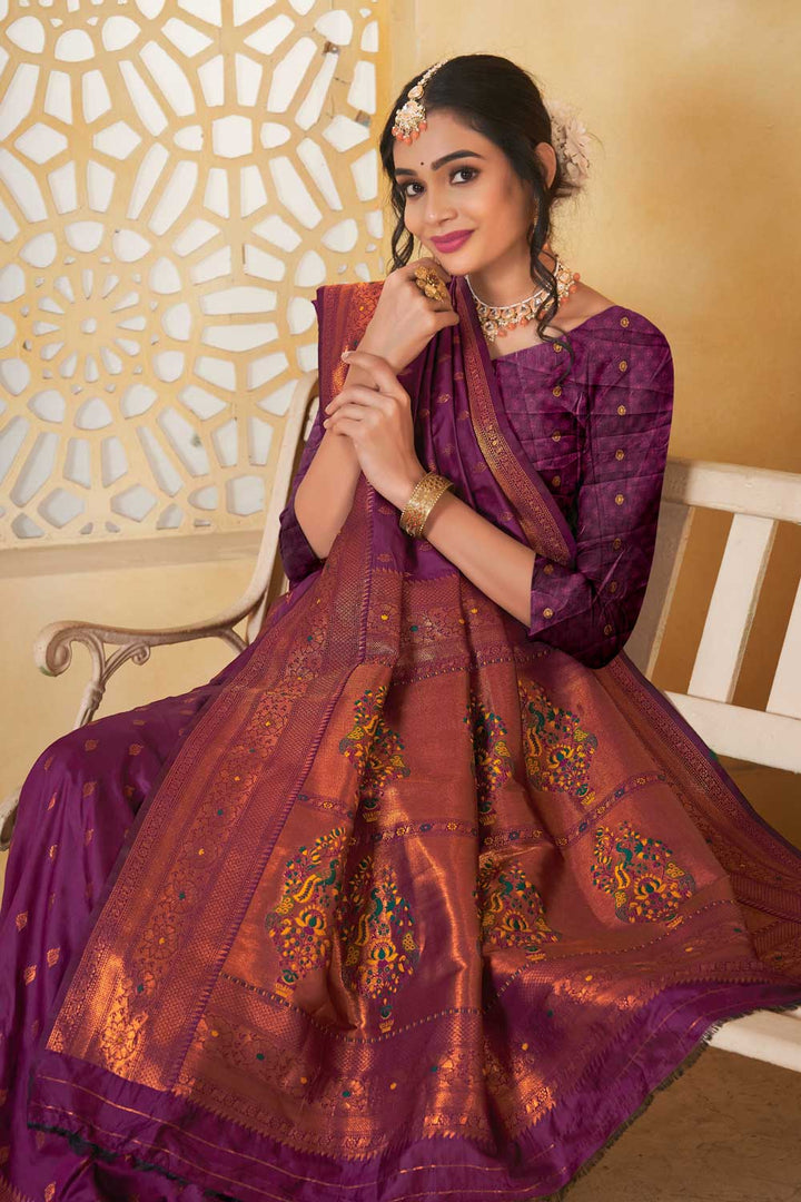 Trendy Paithani Silk Wine Color Festive Wear Saree
