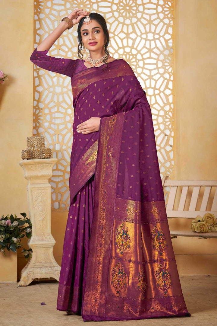 Trendy Paithani Silk Wine Color Festive Wear Saree