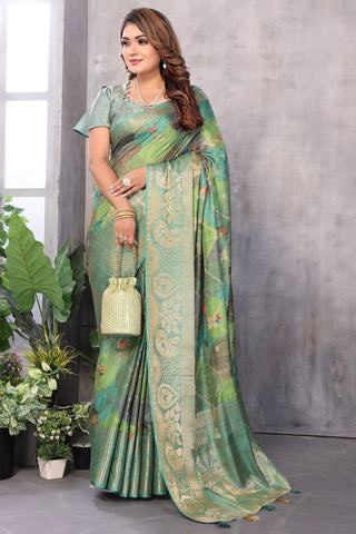 Jacquard Fabric Green Color Riveting Digital Printed Saree