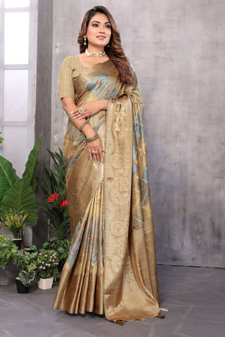 Jacquard Fabric Chikoo Brown Color Excellent Digital Printed Saree