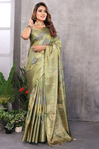 Green Color Jacquard Fabric Princely Digital Printed Saree