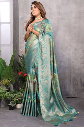 Teal Color Jacquard Fabric Engaging Digital Printed Saree