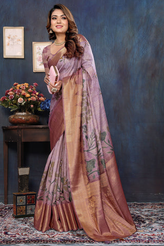 Tempting Jacquard Fabric Purple Color Saree With Digital Printed Work