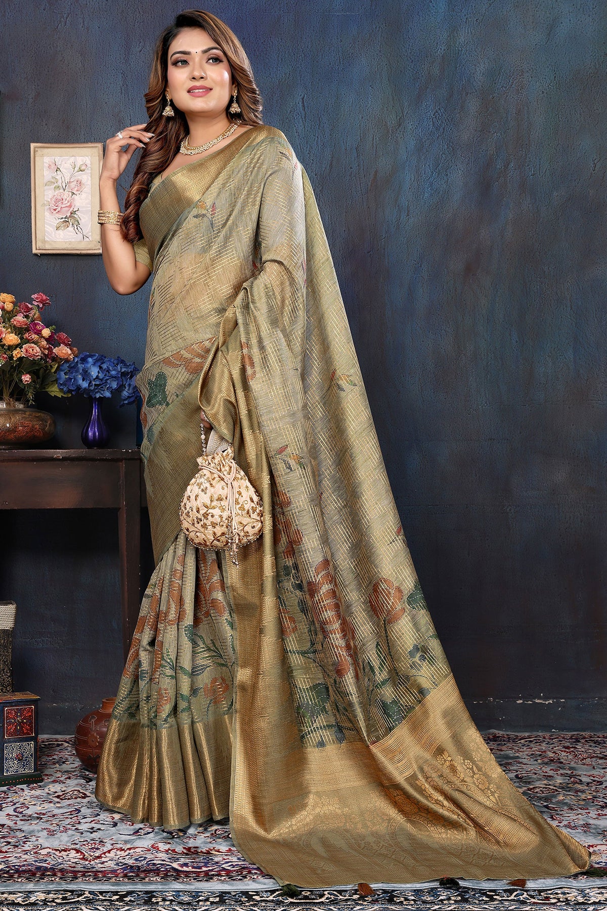 Engaging Chikoo Brown Color Jacquard Fabric Saree With Digital Printed Work