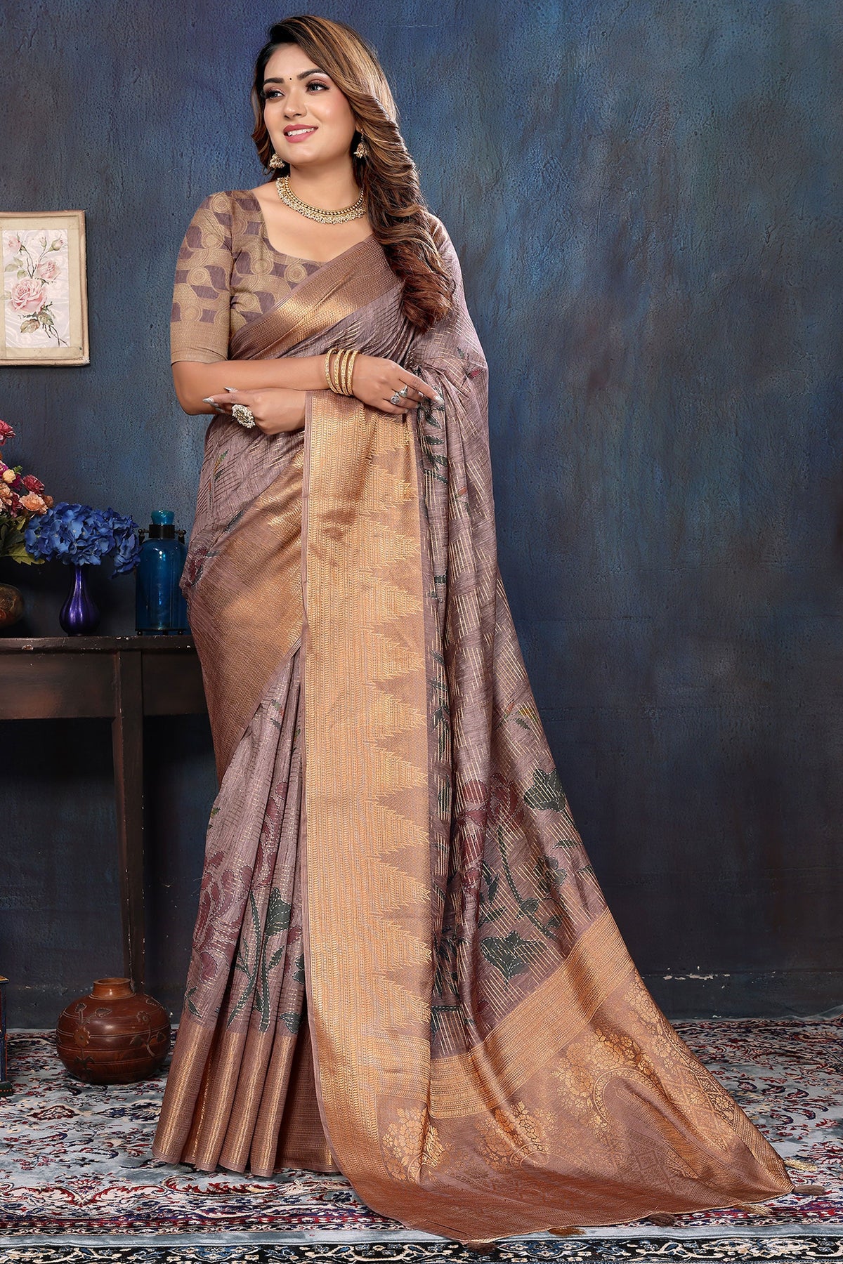 Digital Printed Work On Brown Color Gorgeous Saree In Jacquard Fabric