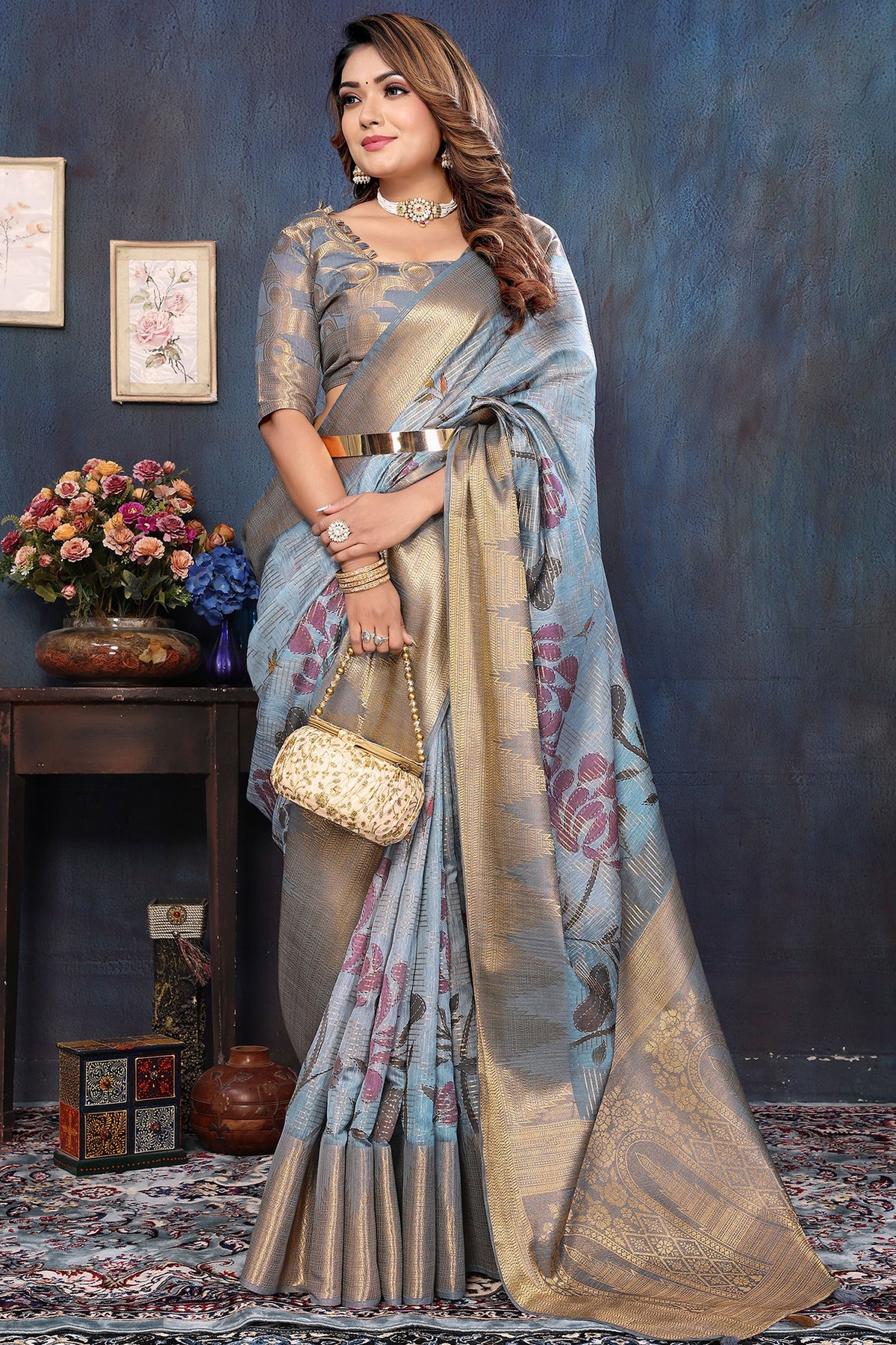 Jacquard Fabric Sky Blue Color Saree With Winsome Digital Printed Work