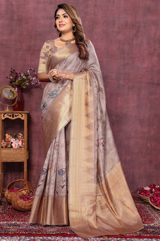 Tempting Jacquard Fabric Brown Color Digital Printed Saree