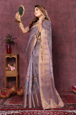 Engaging Purple Color Jacquard Fabric Digital Printed Saree