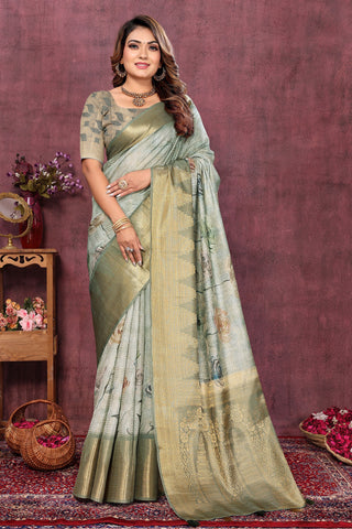 Classic Digital Printed Sea Green Color Saree In Jacquard Fabric