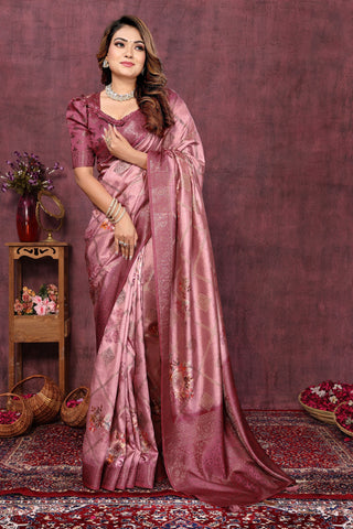 Entrancing Jacquard Fabric Saree In Pink Color With Weaving Designs