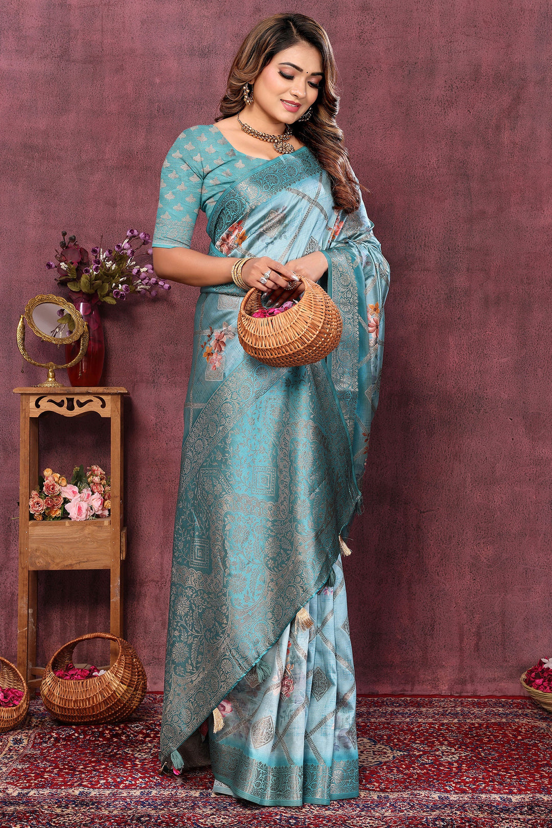 Radiant Weaving Designs On Cyan Color Jacquard Fabric Saree | Buy Online India