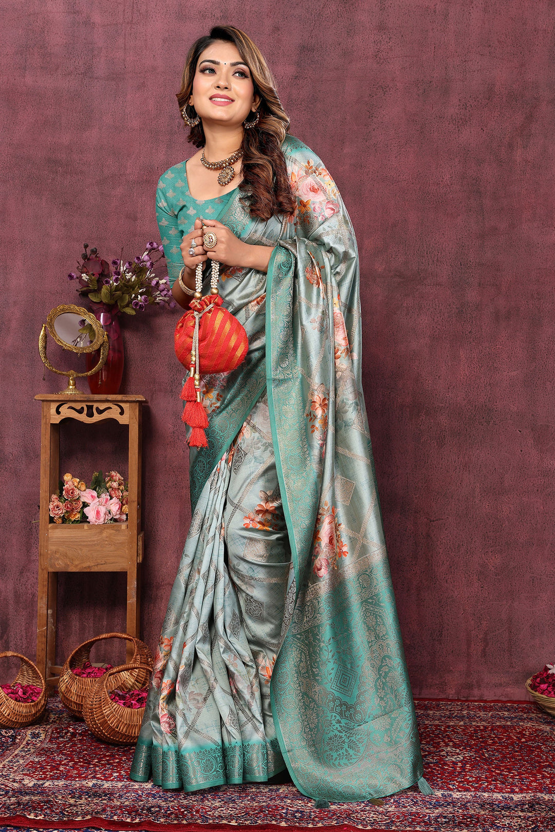 Teal Color Weaving Designs On Jacquard Fabric Beatific Saree | Buy Online India