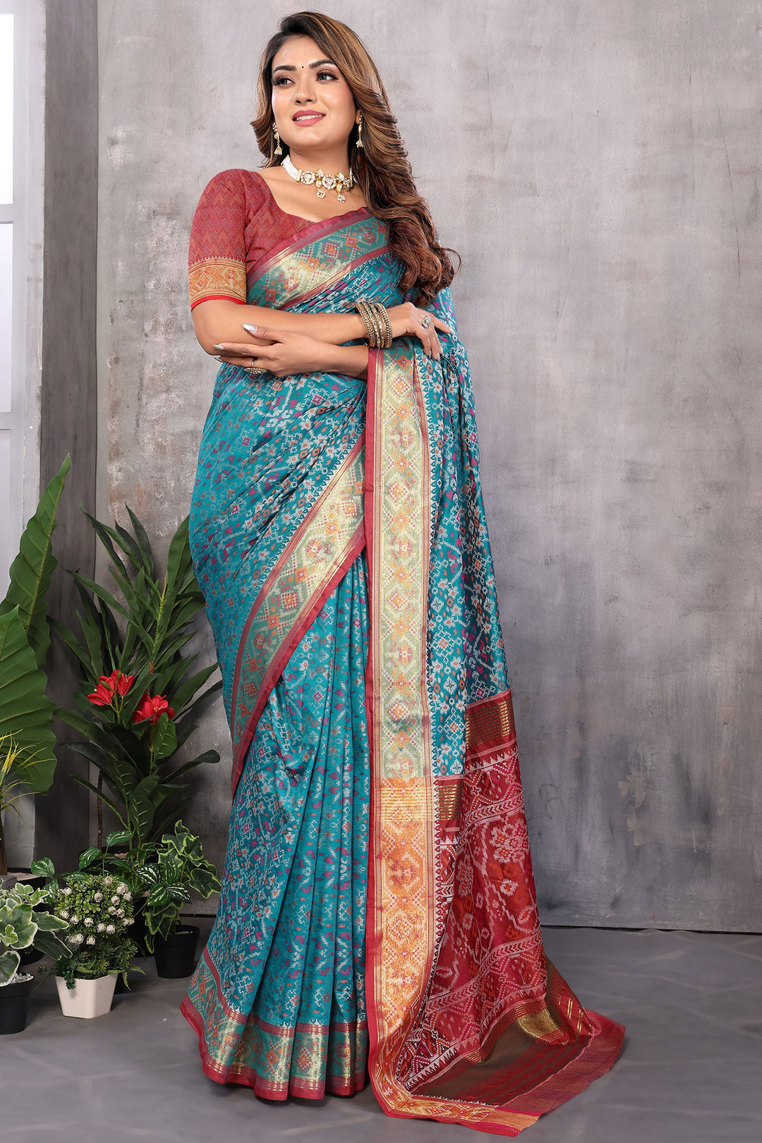 Jacquard Fabric Cyan Color Gorgeous Weaving Patola Saree | Buy Online India