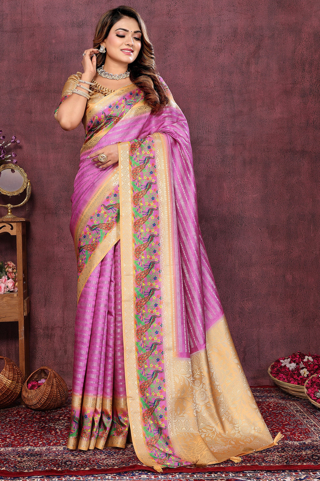 Appealing Weaving Work On Jacquard Fabric Saree In Pink Color | Buy Online India
