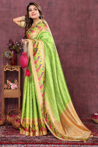 Weaving Work On Green Color Aristocratic Jacquard Fabric Saree