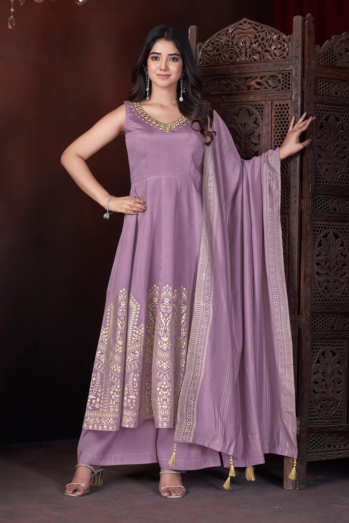 Lavender Color Art Silk Foil Print Readymade Palazzo Salwar Suit