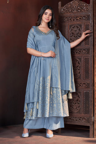 Sky Blue Color Art Silk Foil Print Readymade Palazzo Suit