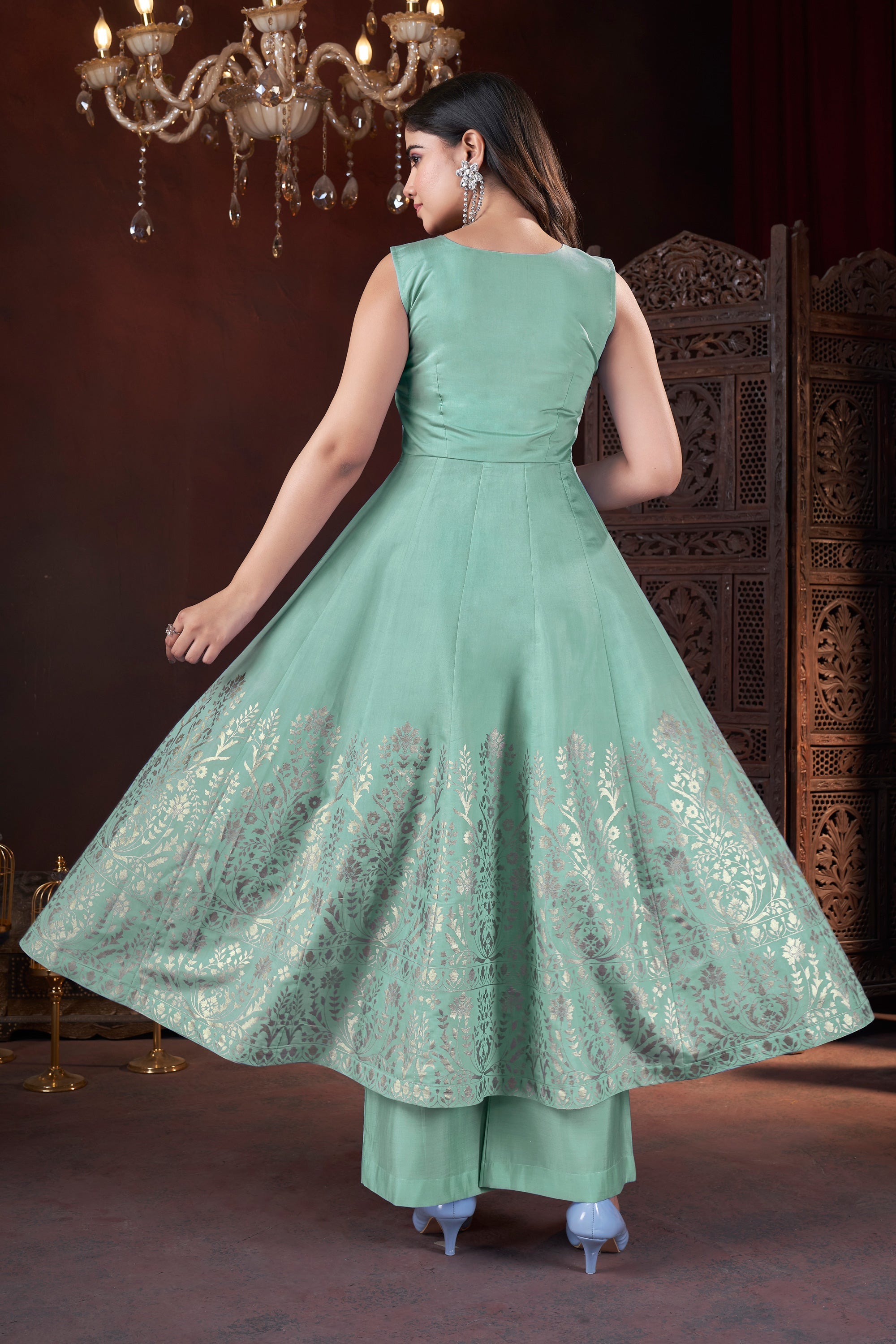 Art Silk Sea Green Color Foil Print Readymade Palazzo Salwar Suit