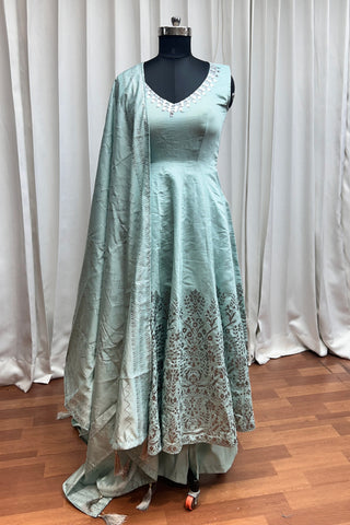 Art Silk Sea Green Color Foil Print Readymade Palazzo Salwar Suit