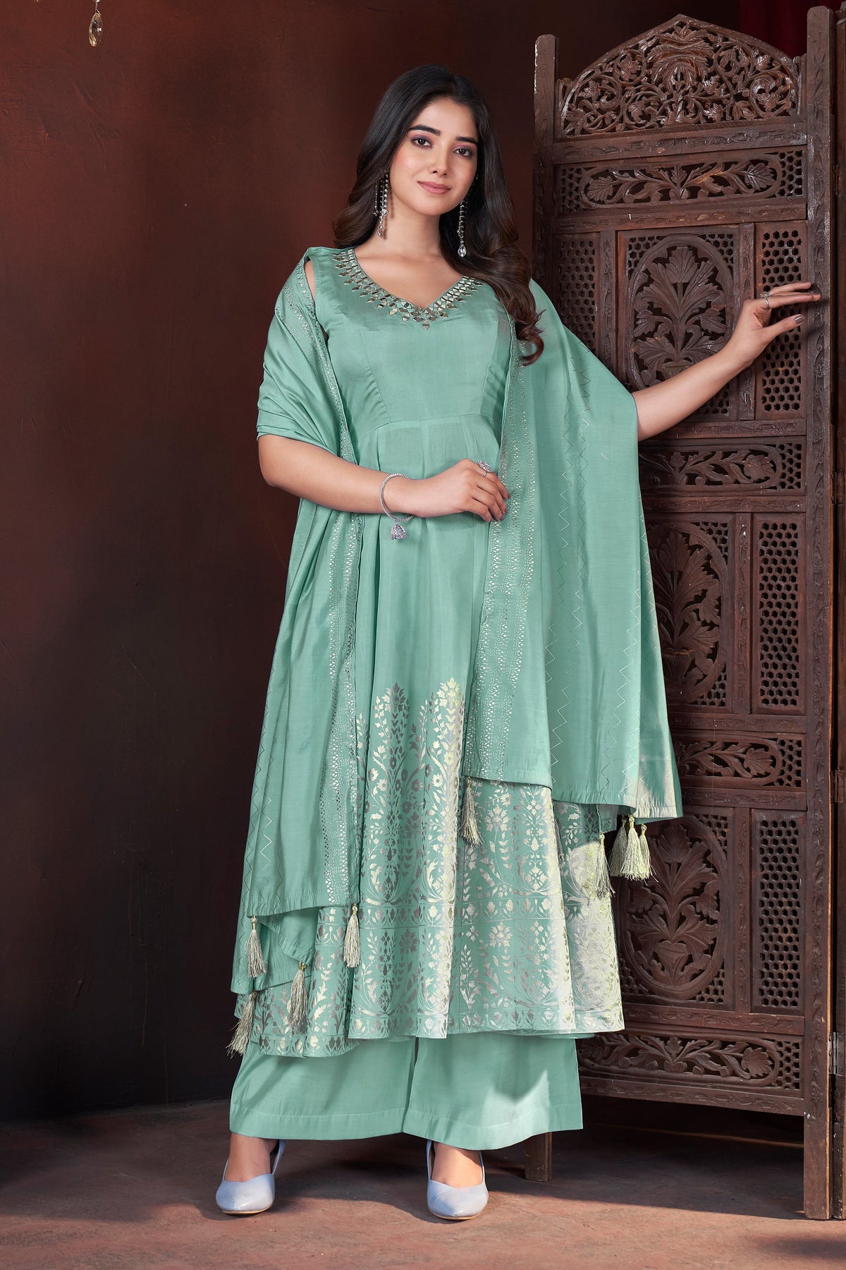 Art Silk Sea Green Color Foil Print Readymade Palazzo Salwar Suit