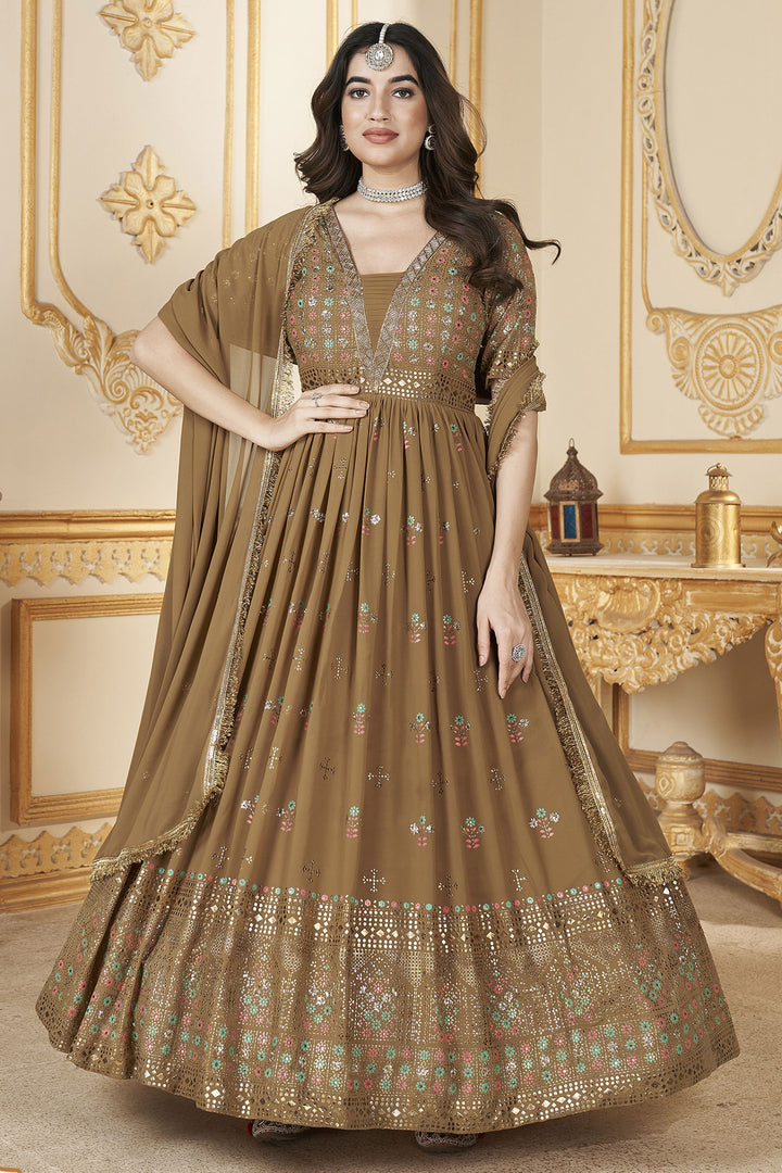 Foil Printed Mustard Color Readymade Gown With Dupatta