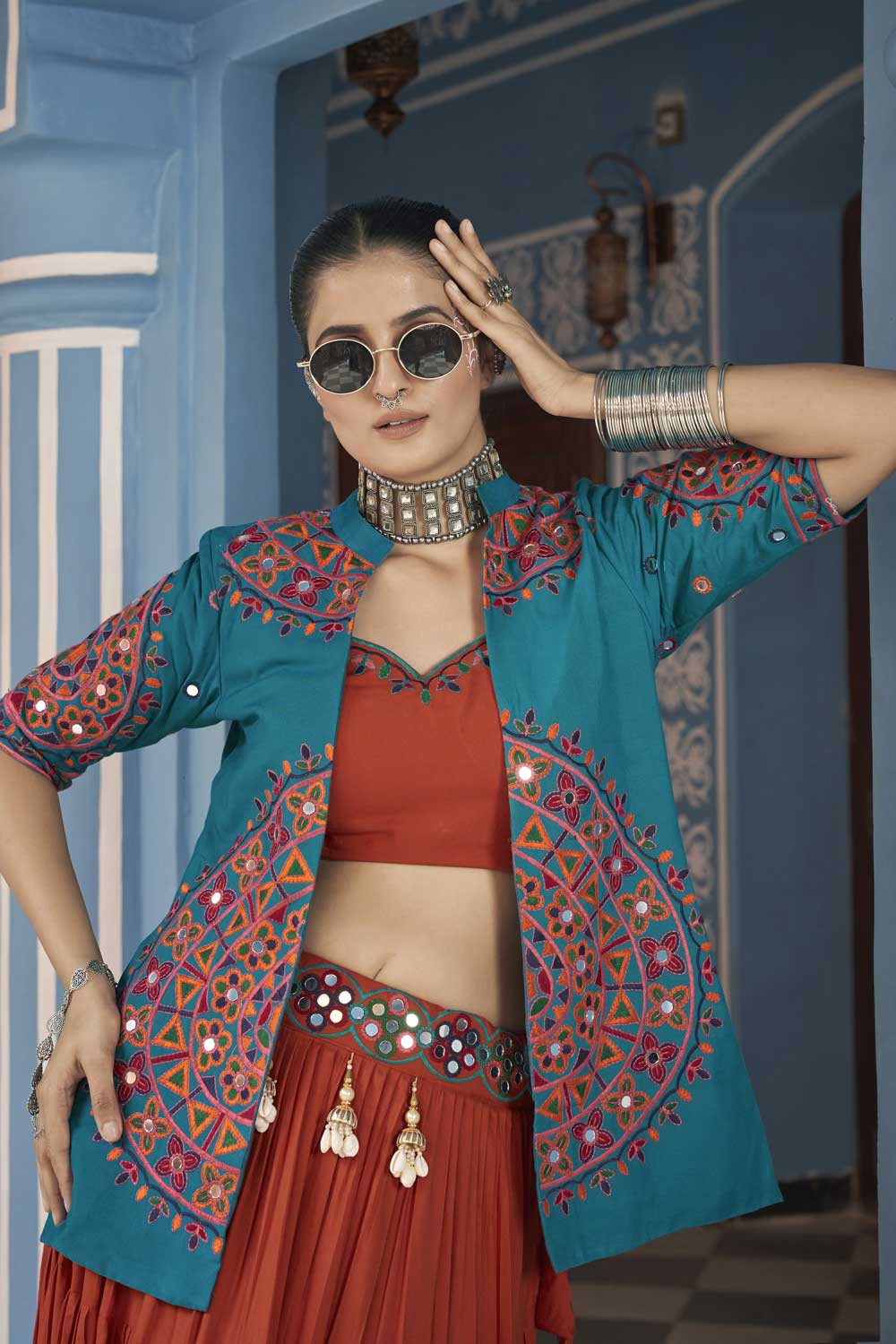 Febulous Multi Color Lehenga Choli With Jacket In Viscose Rayon Fabric