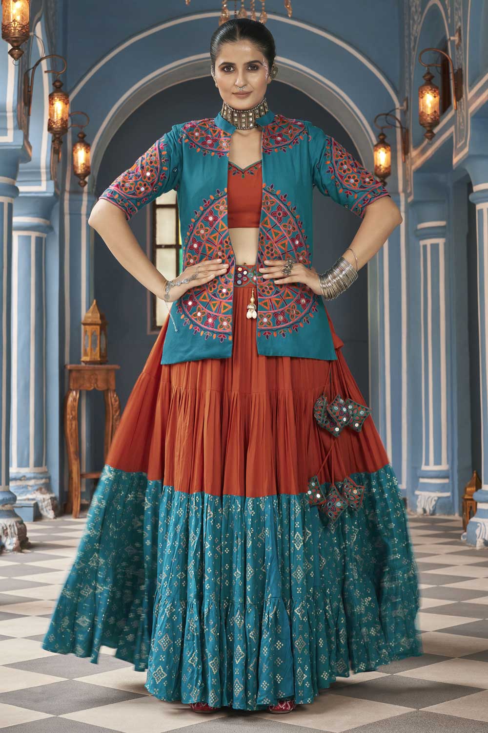 Febulous Multi Color Lehenga Choli With Jacket In Viscose Rayon Fabric