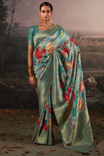 Load image into Gallery viewer, Cyan Color Exquisite Weaving Work Banarsi Saree
