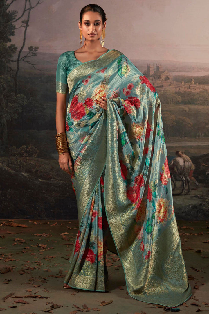 Cyan Color Exquisite Weaving Work Banarsi Saree