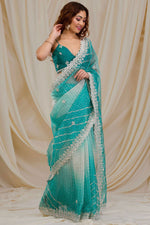 Load image into Gallery viewer, Blazing Cyan Color Fancy Work Party Style Georgette Saree
