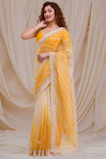 Load image into Gallery viewer, Yellow Color Fancy Work Glamorous Party Style Georgette Saree
