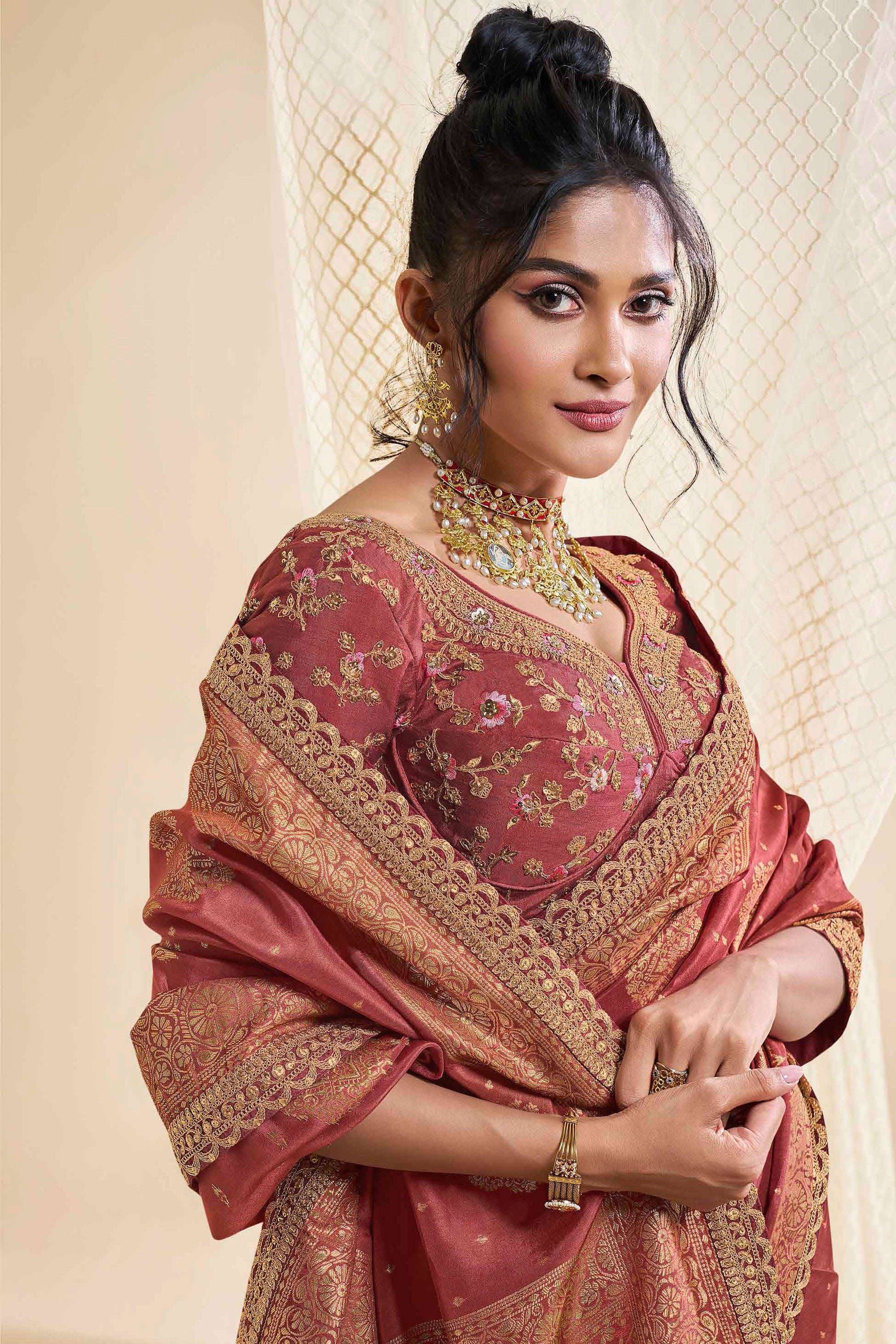 Rust Color Silk Fabric Sangeet Wear Trendy Saree