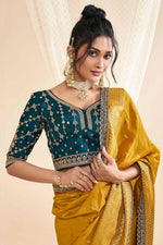 Load image into Gallery viewer, Silk Fabric Sangeet Wear Luxurious Saree In Mustard Color
