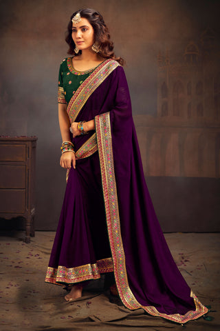 Purple Color Charismatic Border Work Banglori Silk Saree