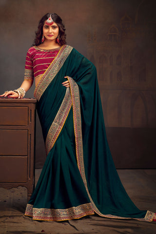 Ingenious Border Work Teal Color Banglori Silk Saree