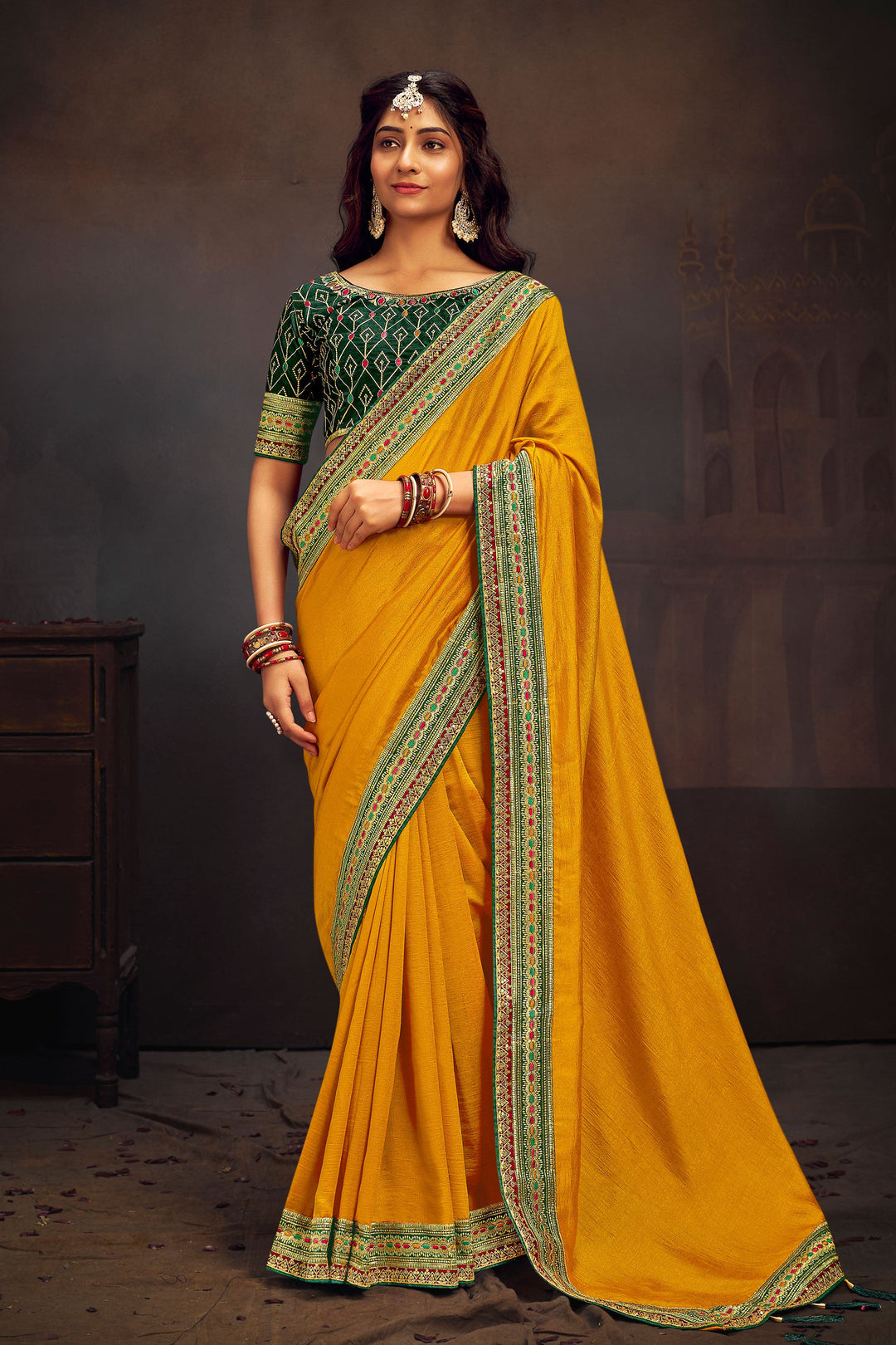 Phenomenal Border Work Yellow Color Banglori Silk Saree | Buy Online India