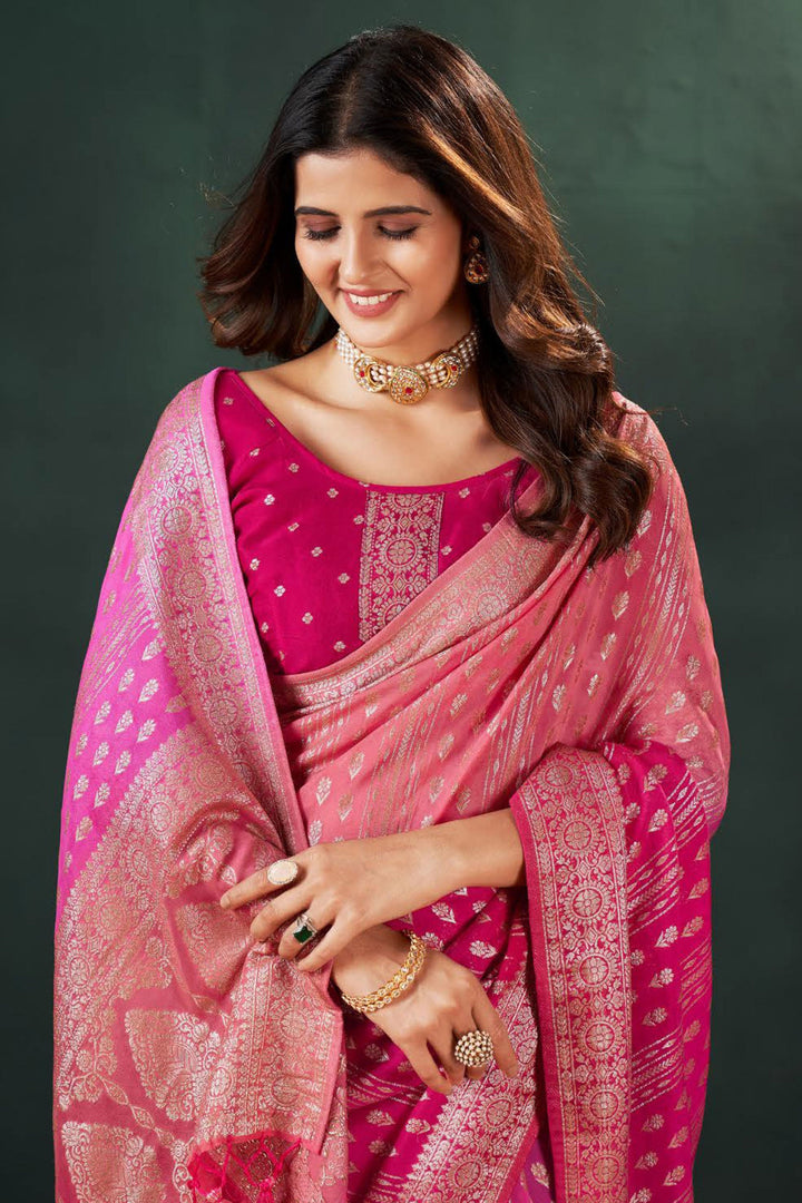 Komal Vora Embellished Pink Color Weaving Designs Silk Saree