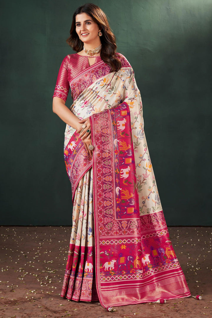 Komal Vora White Color Charismatic Weaving Designs Silk Saree