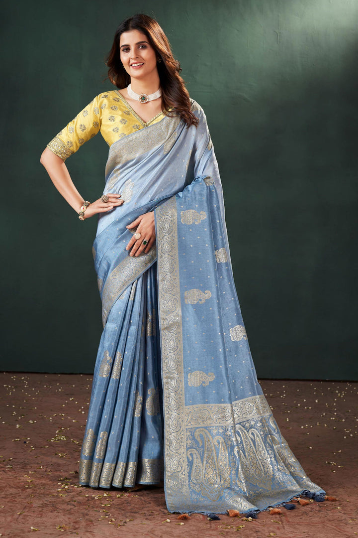 Komal Vora Glamorous Sky Blue Color Weaving Designs Silk Saree