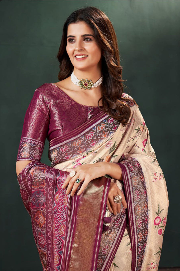 Komal Vora Cream Color Glorious Weaving Designs Silk Saree