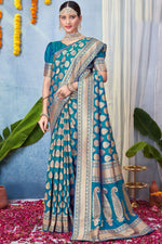 Load image into Gallery viewer, Function Wear Flamboyant Art Silk Fabric Saree In Teal Color
