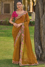 Load image into Gallery viewer, Engaging Brown Color Organza Silk Fabric Saree With Border Work
