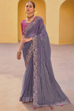 Load image into Gallery viewer, Organza Silk Fabric Grey Color Saree With Winsome Border Work
