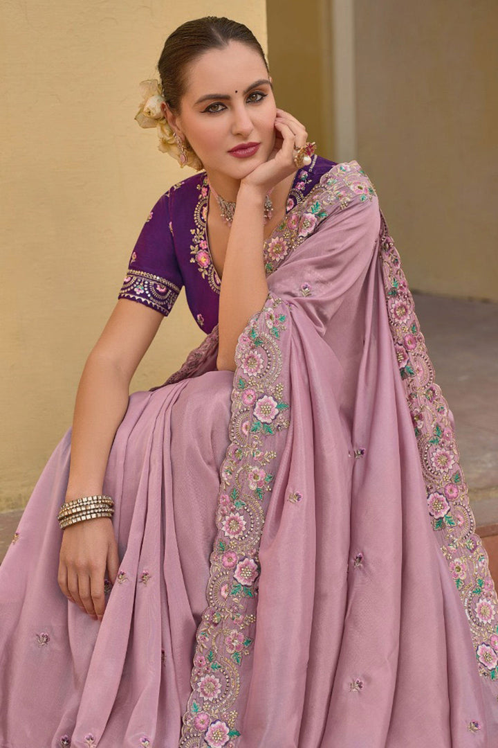 Creative Border Work On Saree In Lavender Color Organza Silk Fabric